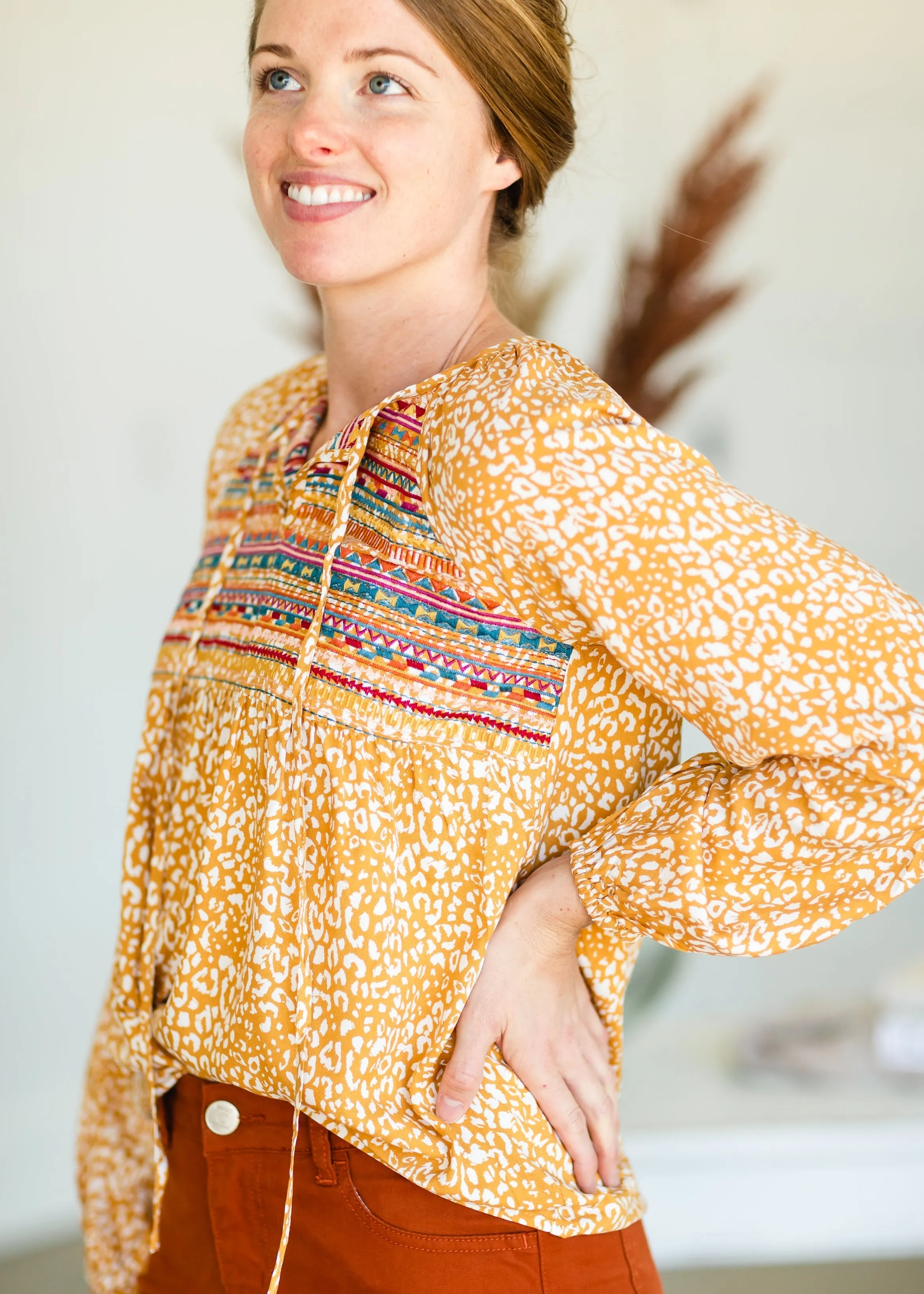 Marigold Embroidered Tie Front Top - FINAL SALE
