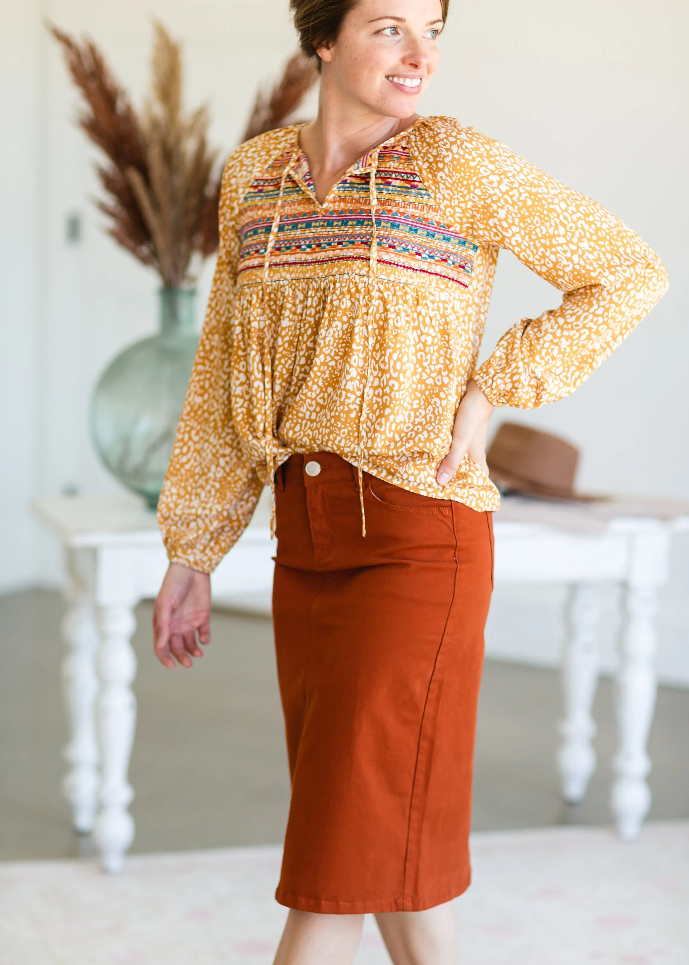 Marigold Embroidered Tie Front Top - FINAL SALE