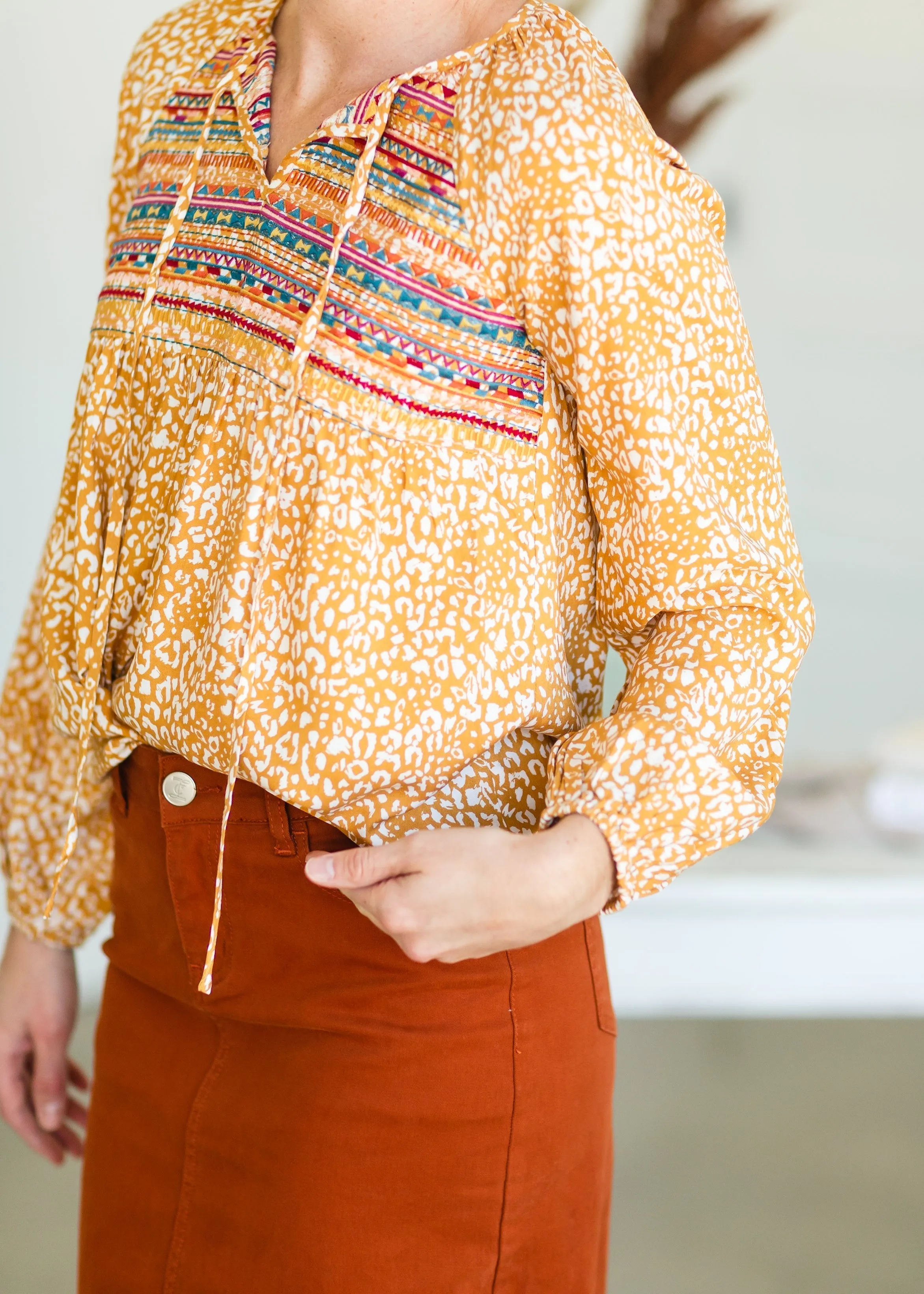Marigold Embroidered Tie Front Top - FINAL SALE