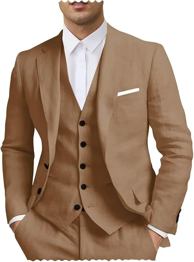 Men's 3 Piece Linen Suit - Regular Fit Summer Beach Wedding Attire