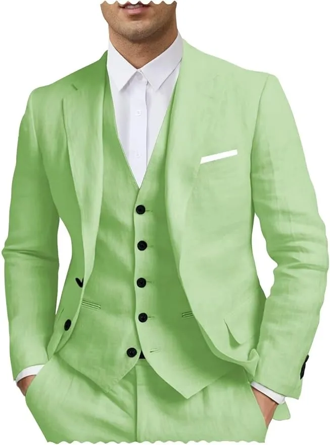 Men's 3 Piece Linen Suit - Regular Fit Summer Beach Wedding Attire