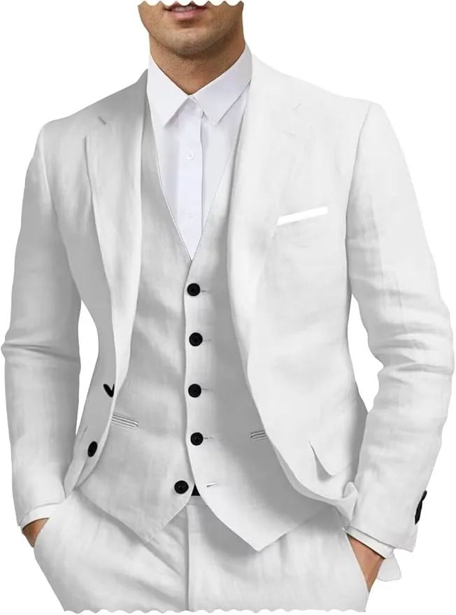 Men's 3 Piece Linen Suit - Regular Fit Summer Beach Wedding Attire