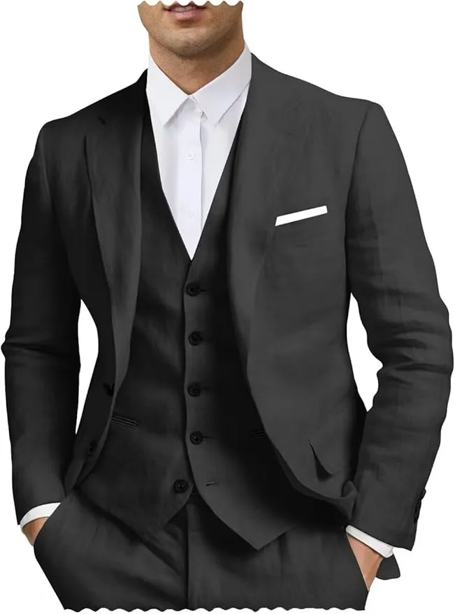 Men's 3 Piece Linen Suit - Regular Fit Summer Beach Wedding Attire