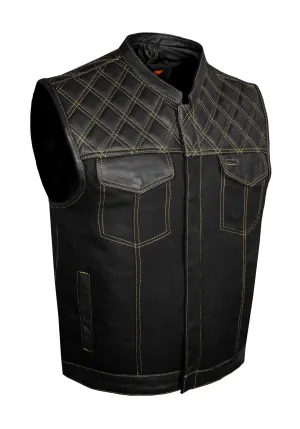 Mens Black Vest Diamond Design Gold Thread Denim