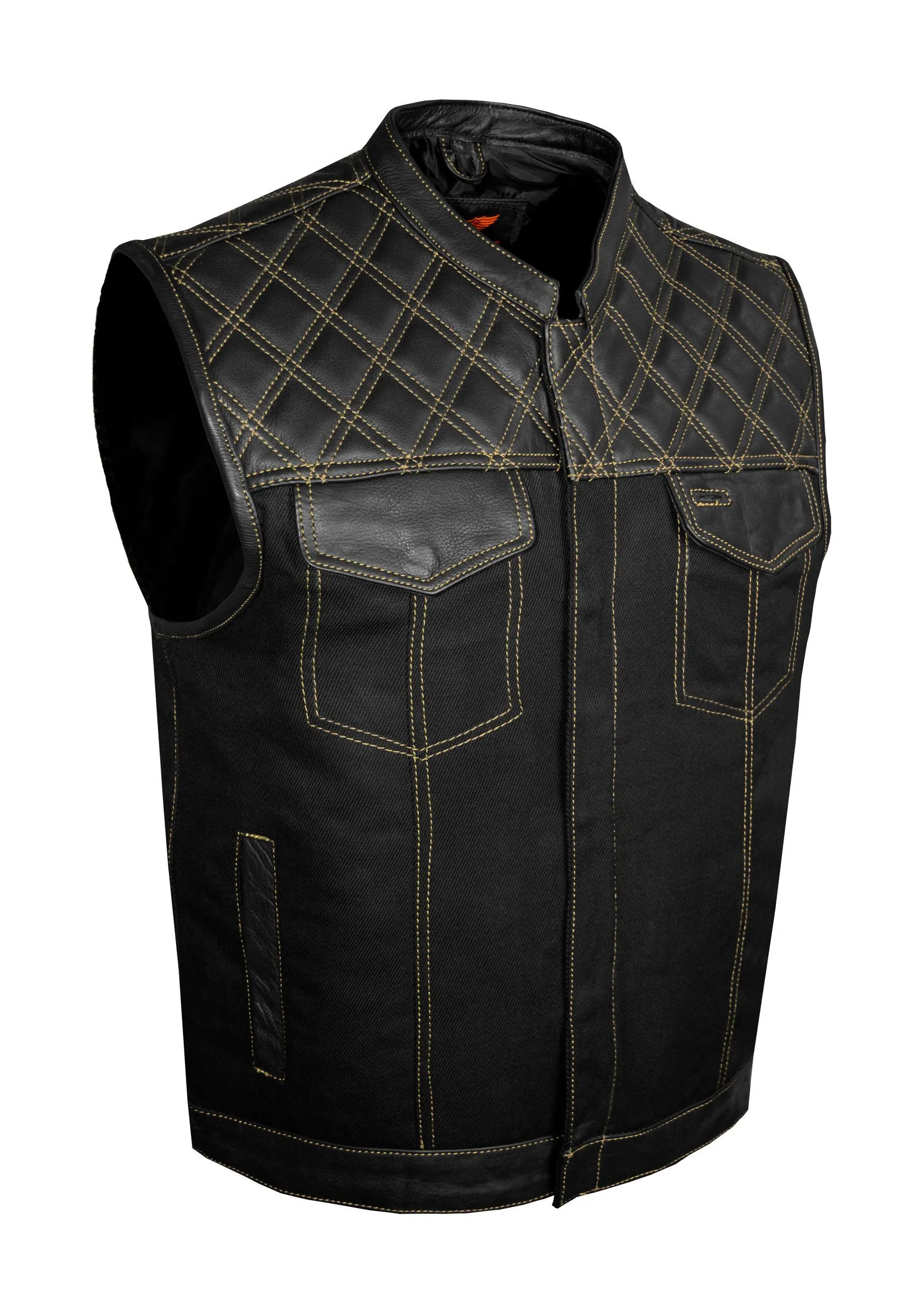 Mens Black Vest Diamond Design Gold Thread Denim