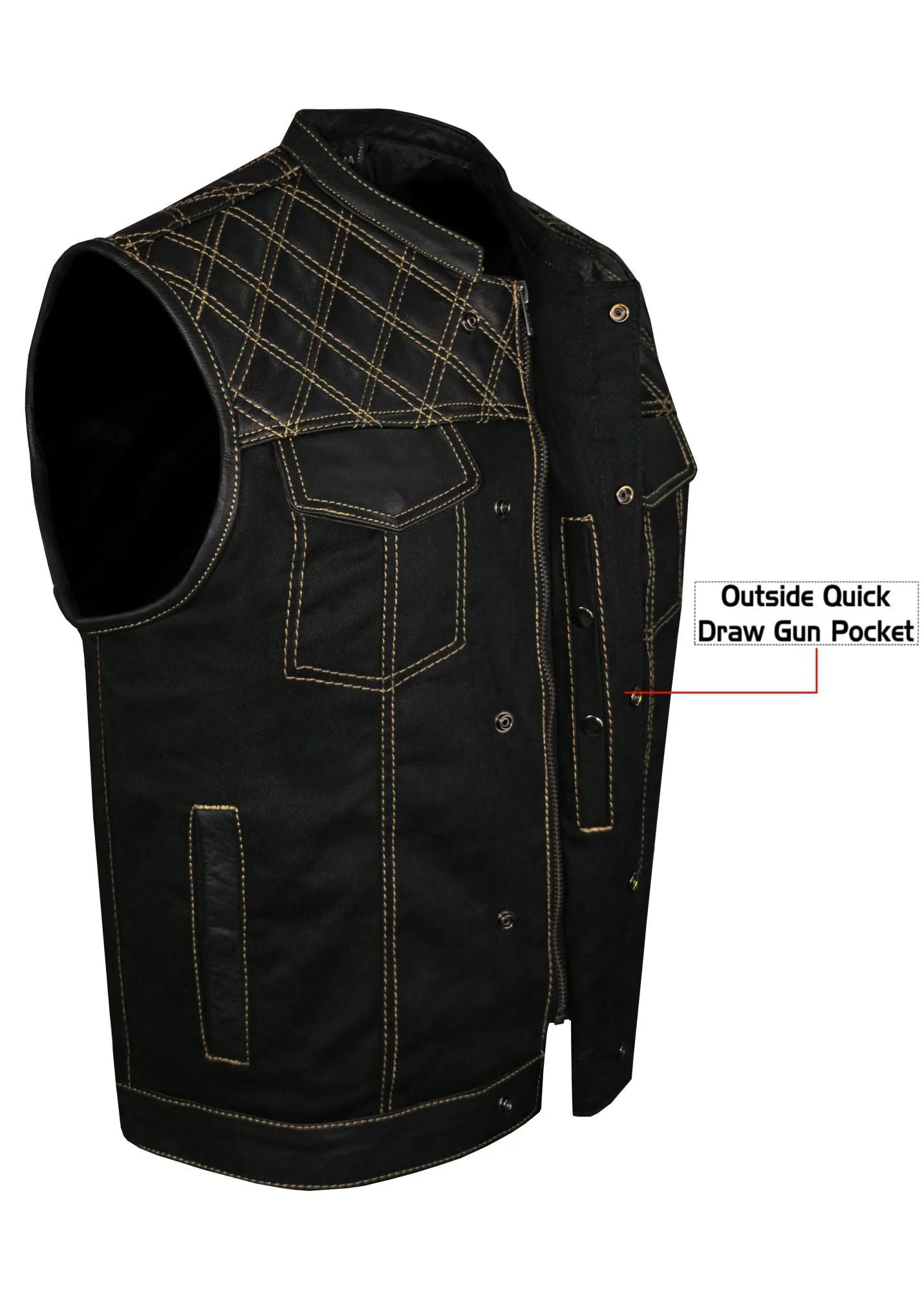 Mens Black Vest Diamond Design Gold Thread Denim