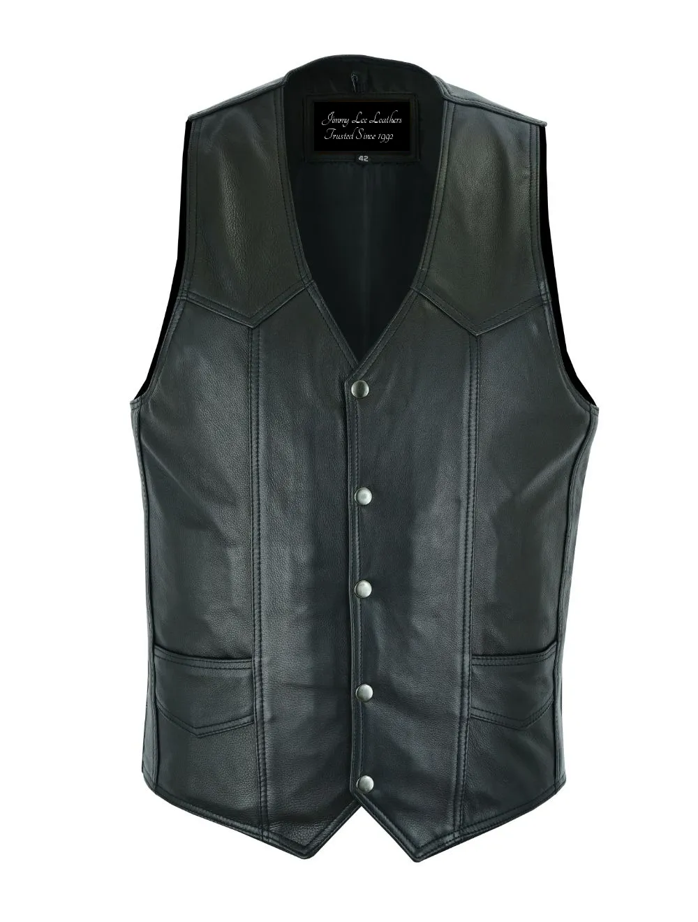 Mens Plain Black Leather Vest, Front & Inside Pockets
