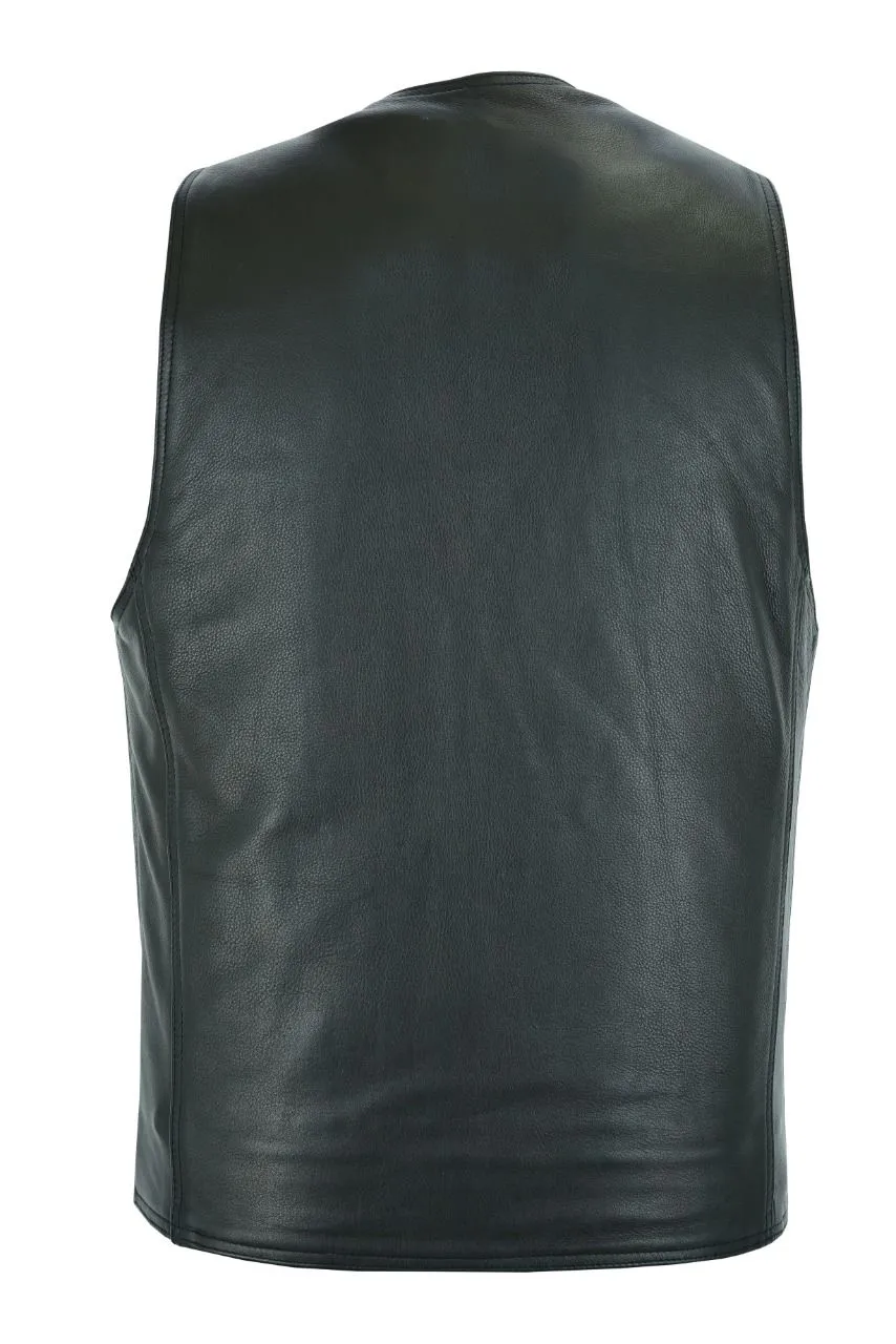 Mens Plain Black Leather Vest, Front & Inside Pockets