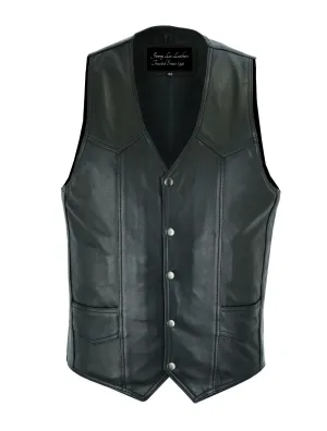 Mens Plain Black Leather Vest, Front & Inside Pockets