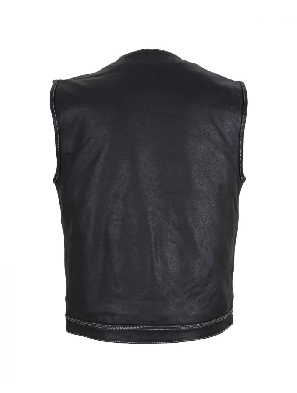 Mens Premium Leather Motorcycle Club Vest Double White Thread No Collar