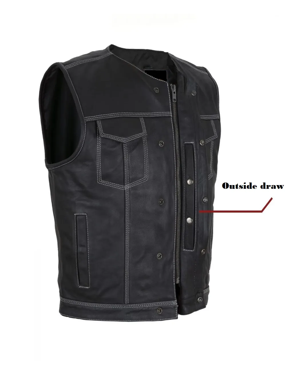 Mens Premium Leather Motorcycle Club Vest Double White Thread No Collar