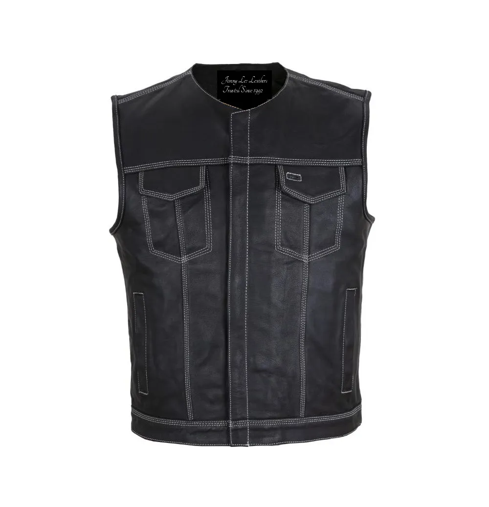 Mens Premium Leather Motorcycle Club Vest Double White Thread No Collar