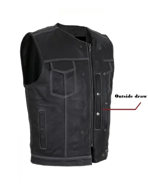 Mens Premium Leather Motorcycle Club Vest Double White Thread No Collar