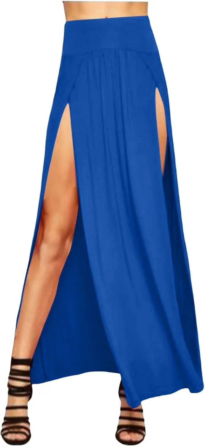Midi Skirts for Women Womens Double Split Maxi Long Skirt Ladies Plain Basic Two Side Slit 4 22
