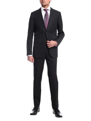 Napoli Slim Fit Solid Black Half Canvassed Wool Cashmere Suit With Peak Lapel