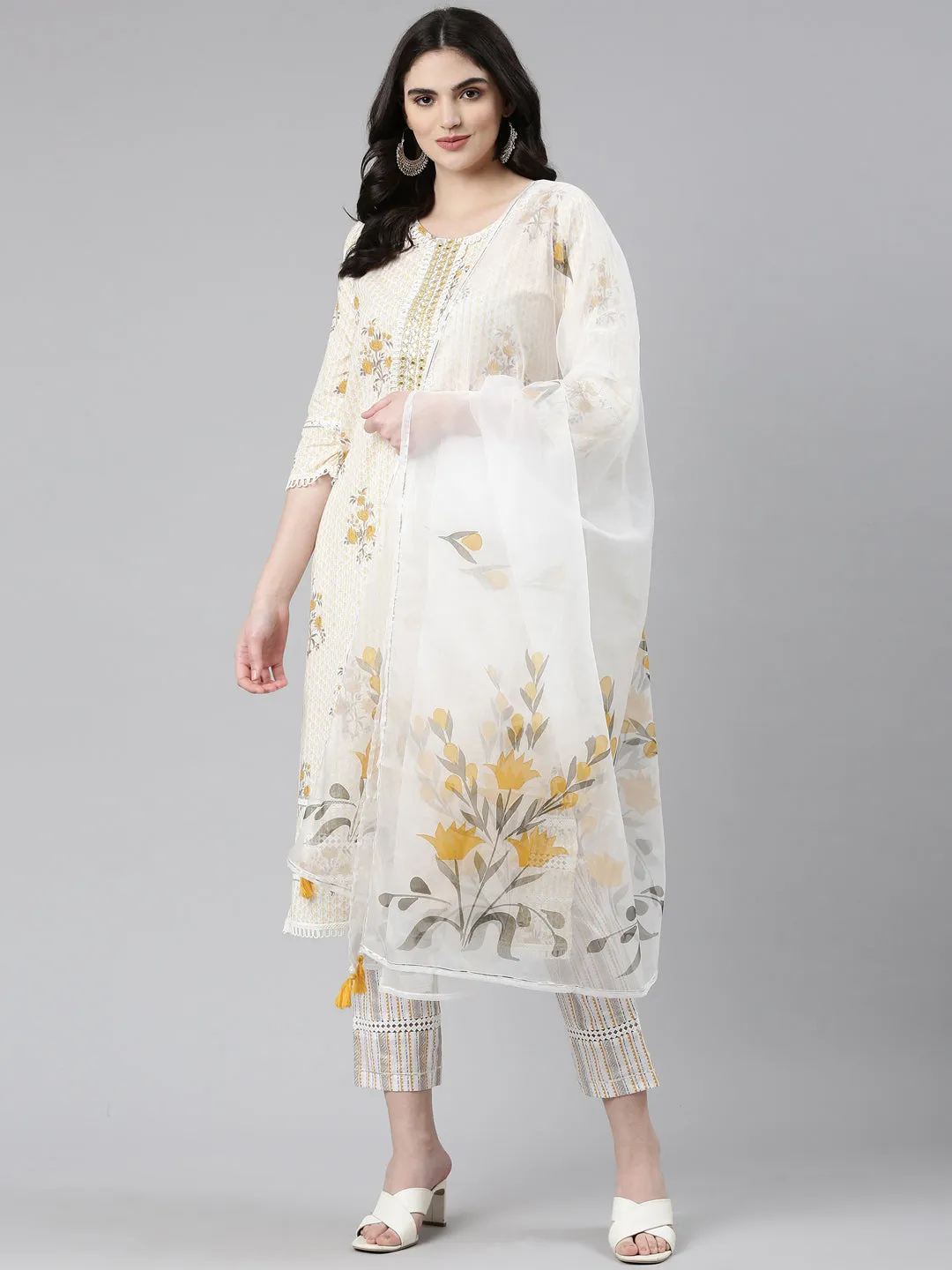 Neeru's Yellow Regular Straight Printed Kurta And Trousers With Dupatta