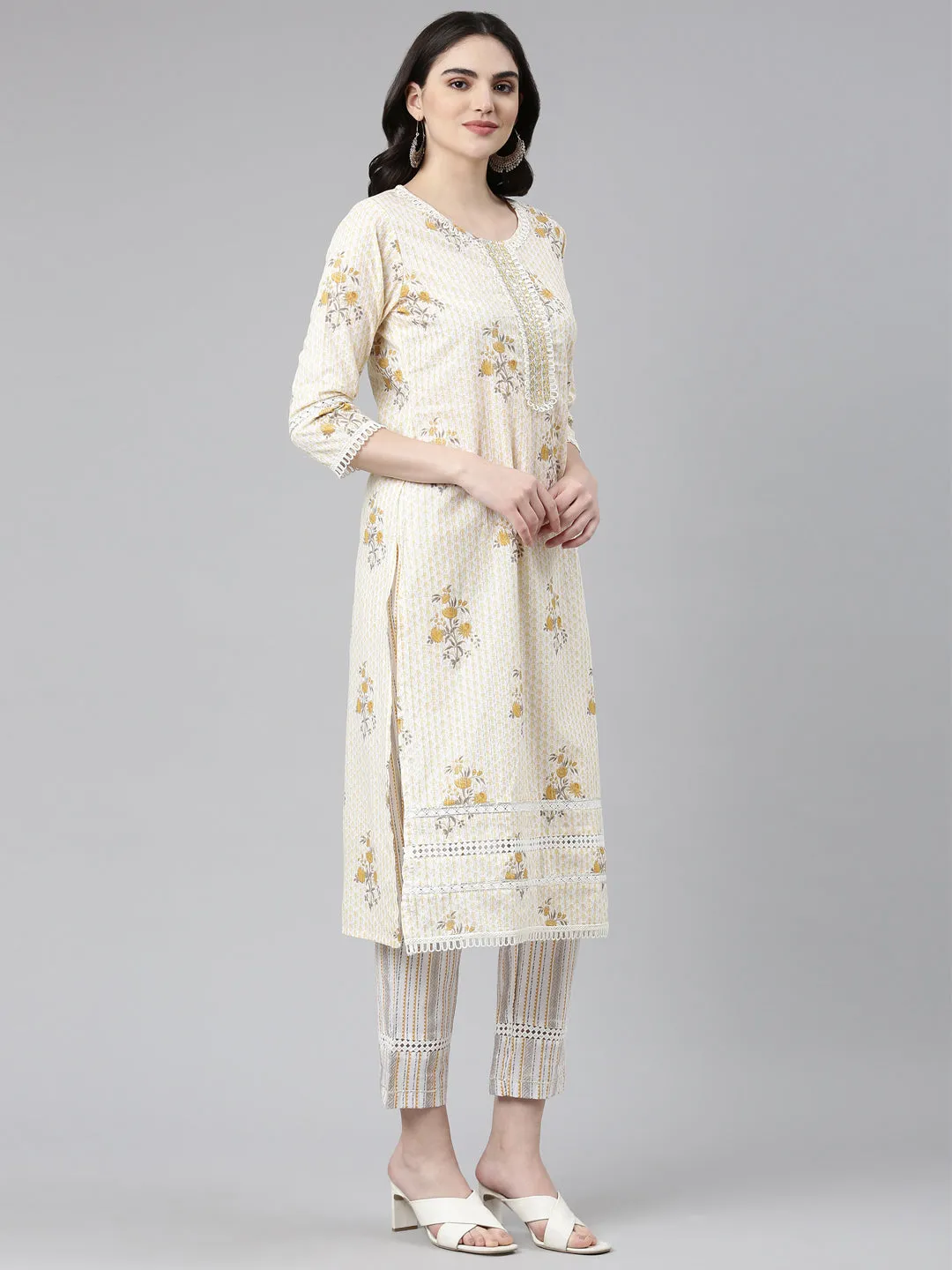 Neeru's Yellow Regular Straight Printed Kurta And Trousers With Dupatta