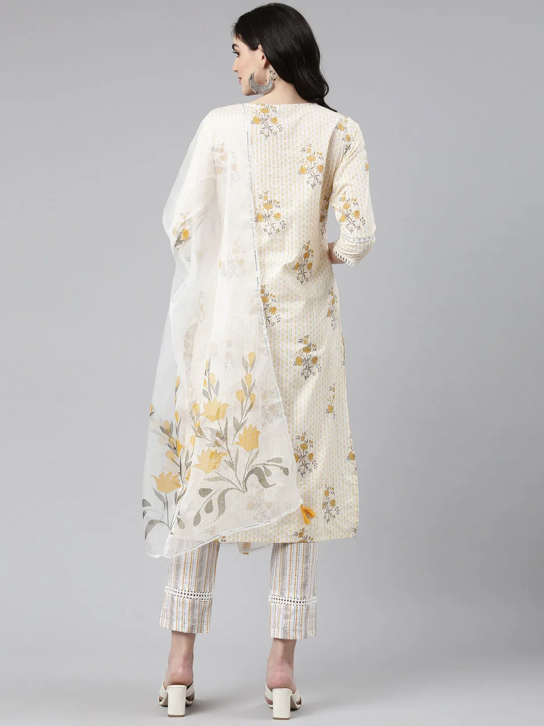 Neeru's Yellow Regular Straight Printed Kurta And Trousers With Dupatta