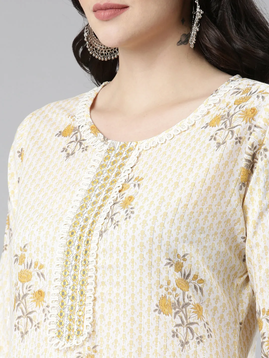 Neeru's Yellow Regular Straight Printed Kurta And Trousers With Dupatta