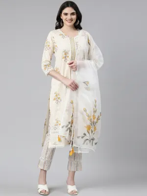 Neeru's Yellow Regular Straight Printed Kurta And Trousers With Dupatta