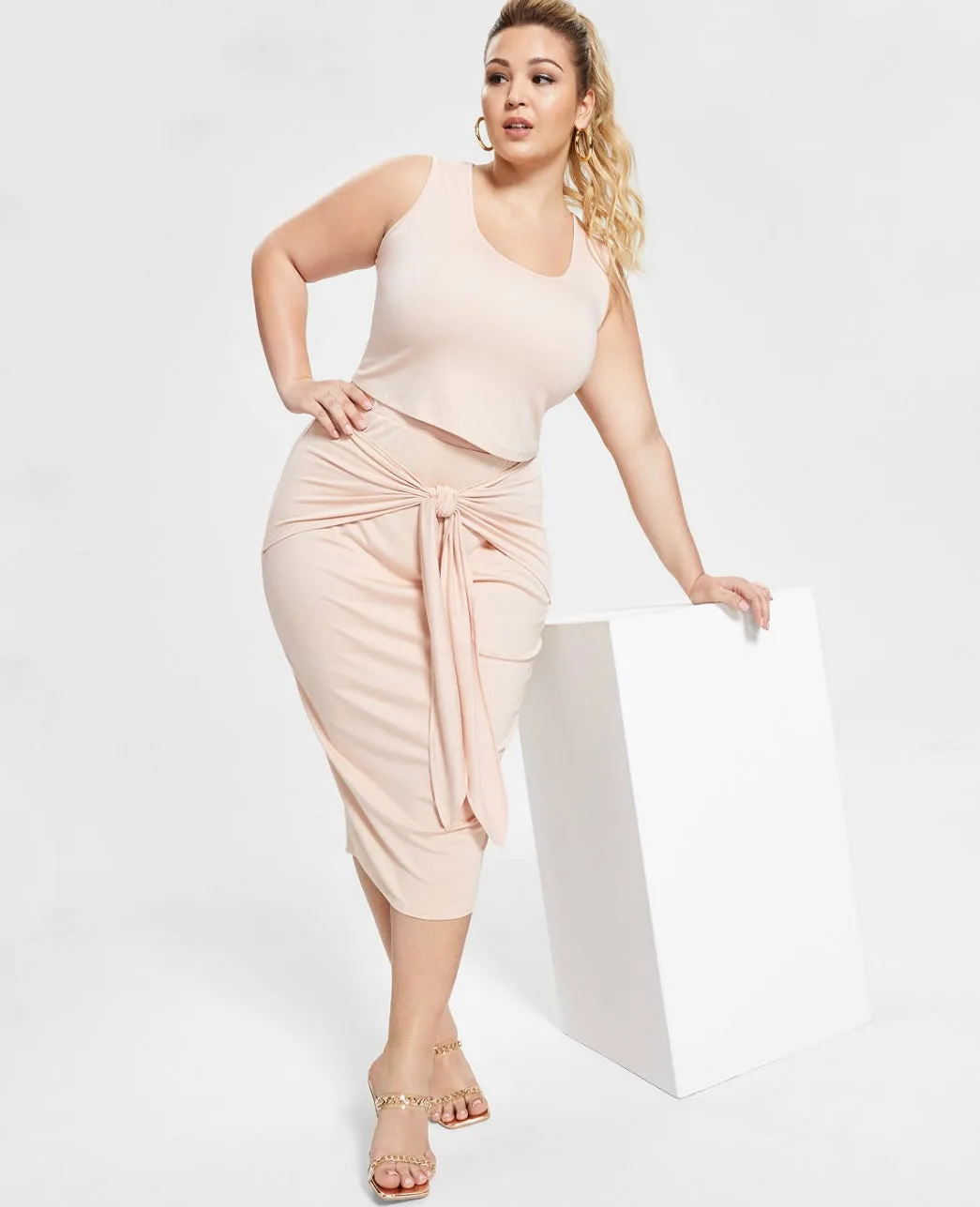 Nina Parker Women's Trendy Tie-Front Midi Skirt Cameo Rose Plus Size 2X