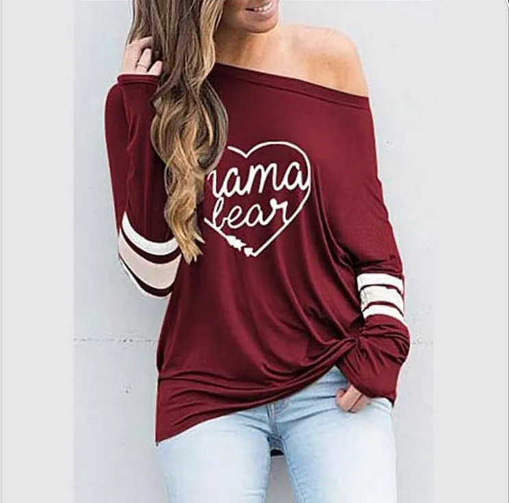 One Shoulder Letter Print Patchwork Long Sleeves Loose Blouse