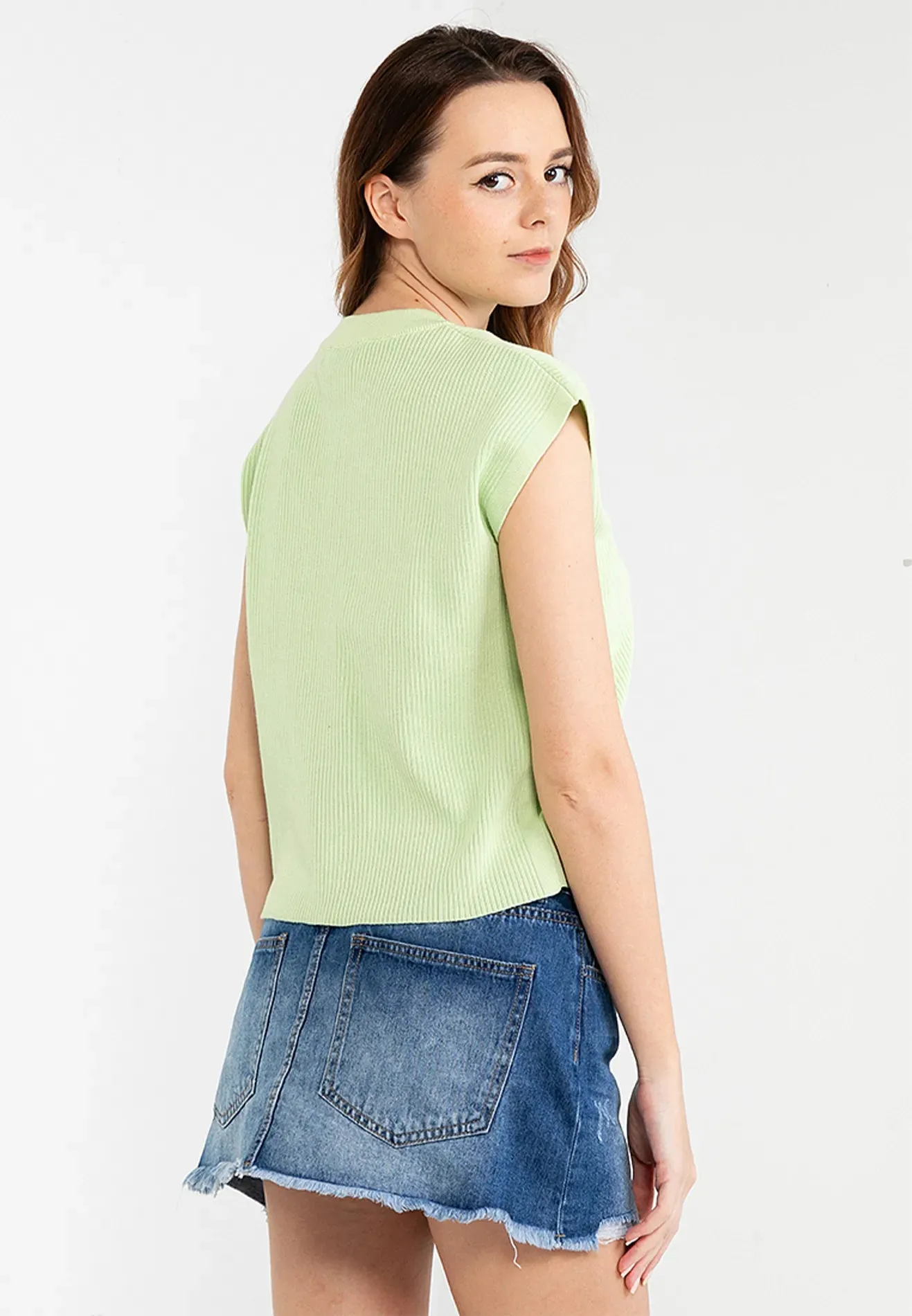 Plain Knitted Cap Sleeves Boxy Top
