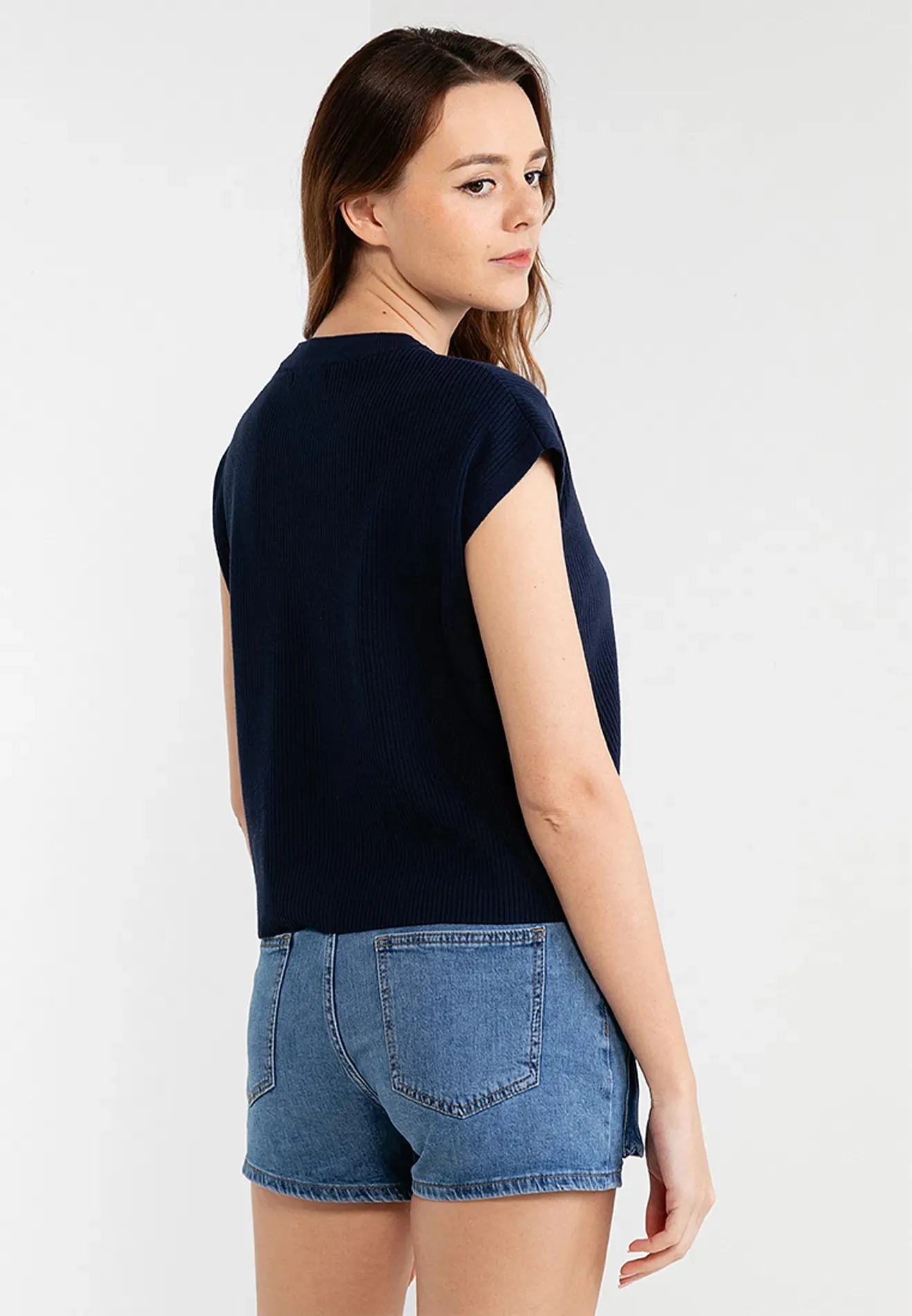 Plain Knitted Cap Sleeves Boxy Top