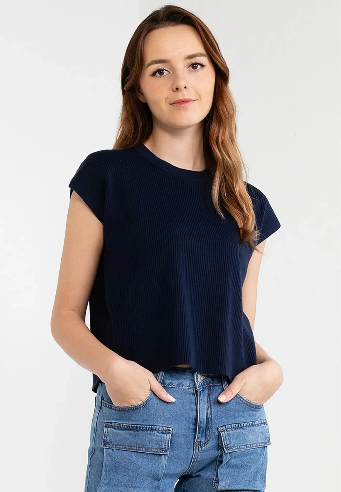 Plain Knitted Cap Sleeves Boxy Top