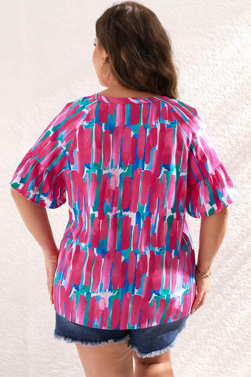 Plus Brushstroke Ruffle Sleeve Button V Neck Blouse by Poppy Lee Lane
