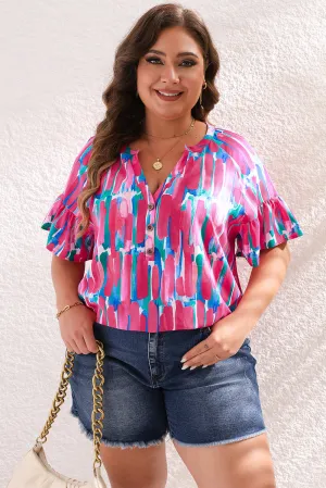 Plus Brushstroke Ruffle Sleeve Button V Neck Blouse by Poppy Lee Lane
