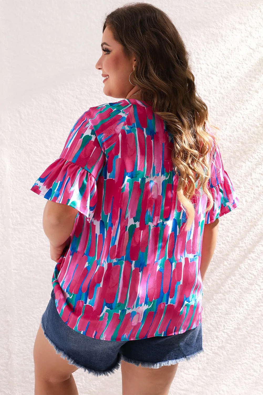 Plus Brushstroke Ruffle Sleeve Button V Neck Blouse by Poppy Lee Lane