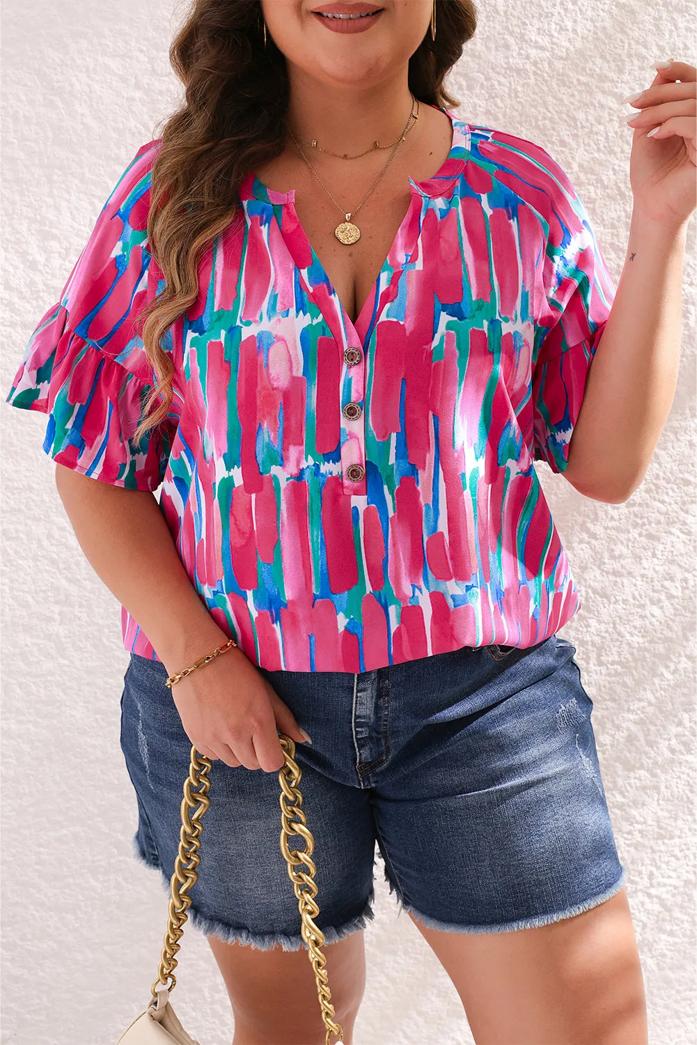 Plus Brushstroke Ruffle Sleeve Button V Neck Blouse by Poppy Lee Lane