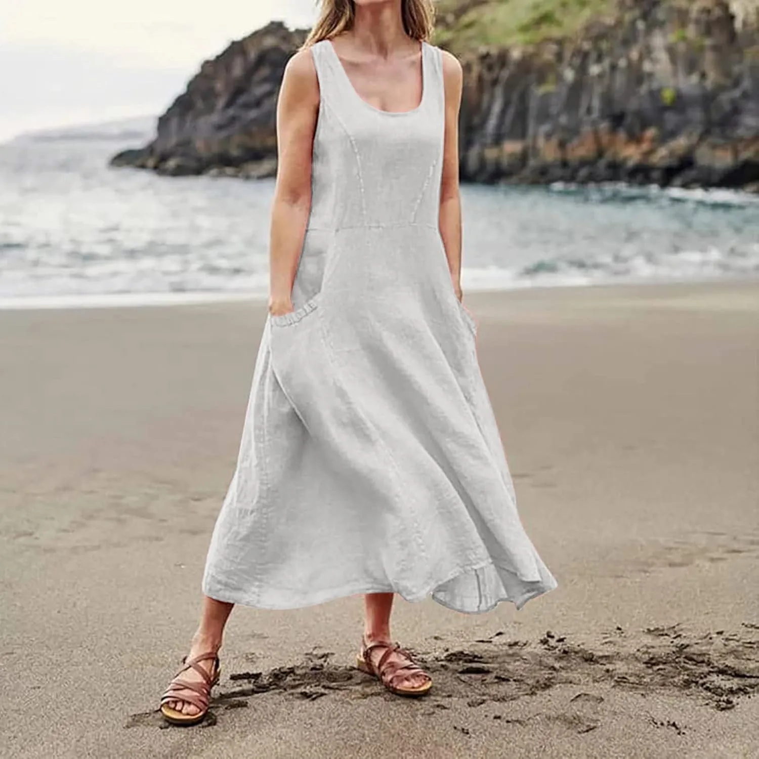 Plus Size Sun Dresses for Curvy Women Linen Dress Sleeveless Cotton Linen Sundress Pocket