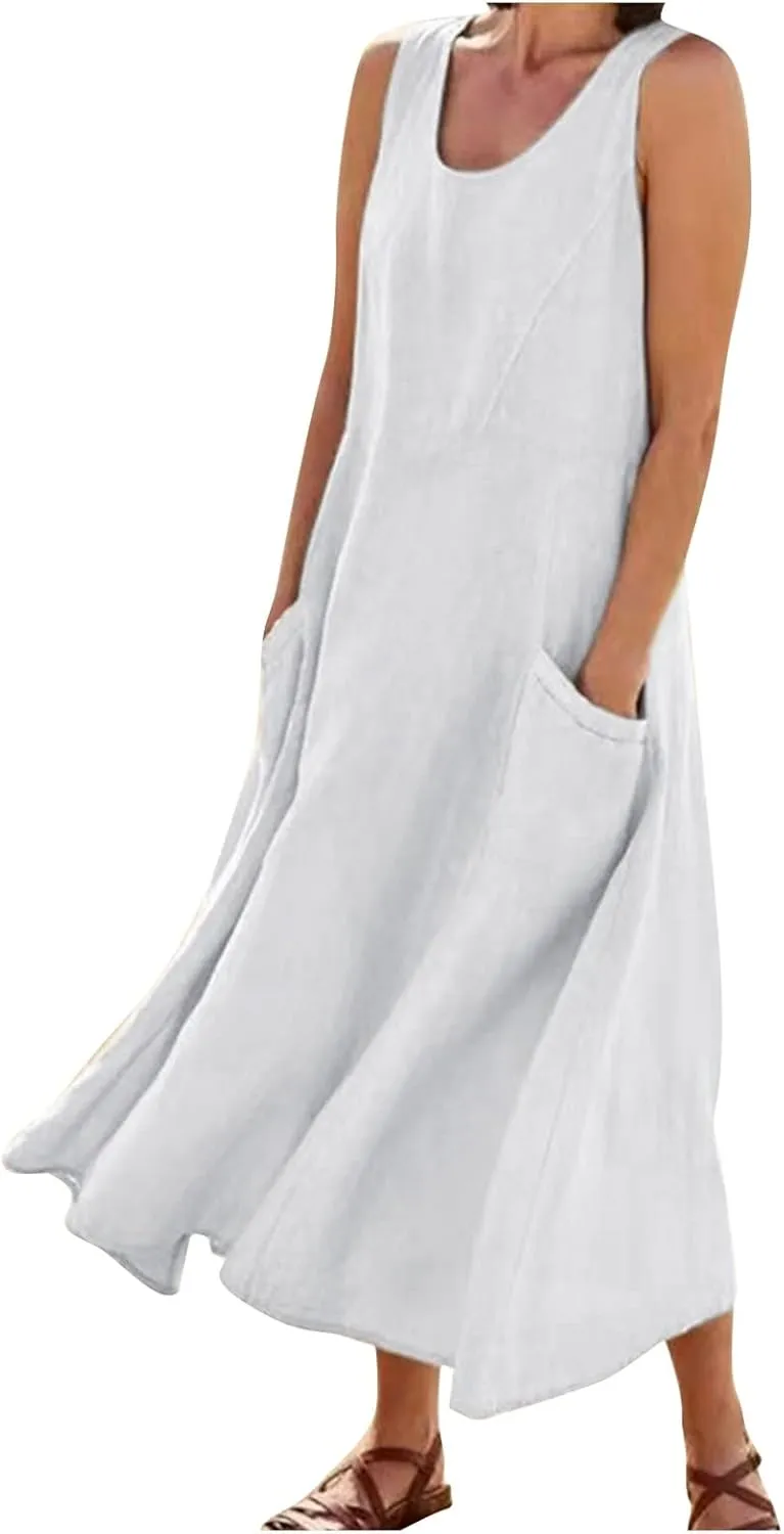 Plus Size Sun Dresses for Curvy Women Linen Dress Sleeveless Cotton Linen Sundress Pocket