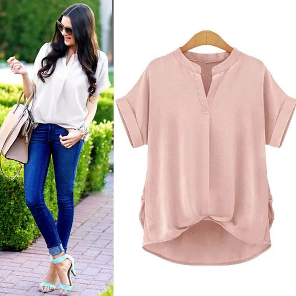 Plus Size V-neck Pure Color Short Sleeves Blouse