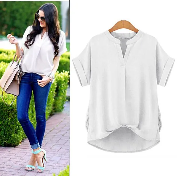 Plus Size V-neck Pure Color Short Sleeves Blouse