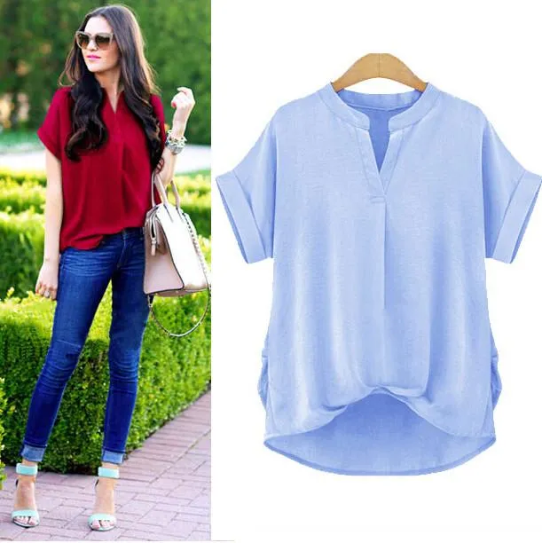 Plus Size V-neck Pure Color Short Sleeves Blouse