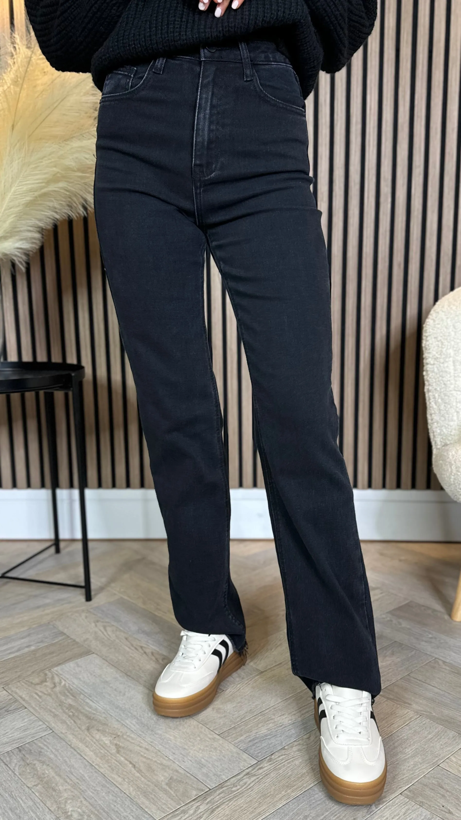 Quest Black Straight Leg Frayed Hem Pocket Detail Jeans