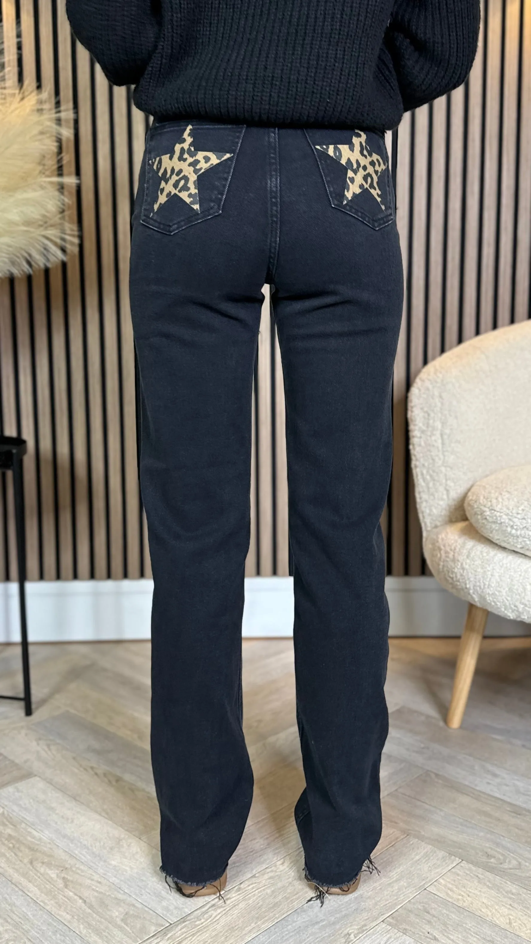 Quest Black Straight Leg Frayed Hem Pocket Detail Jeans