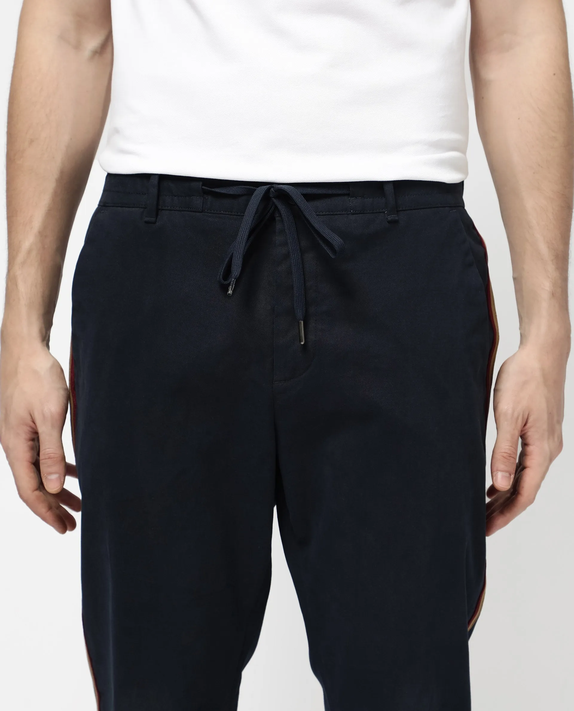 Rare Rabbit Mens Caloon Navy Cotton Blend Drawstring Closure Regular Fit Solid Trouser