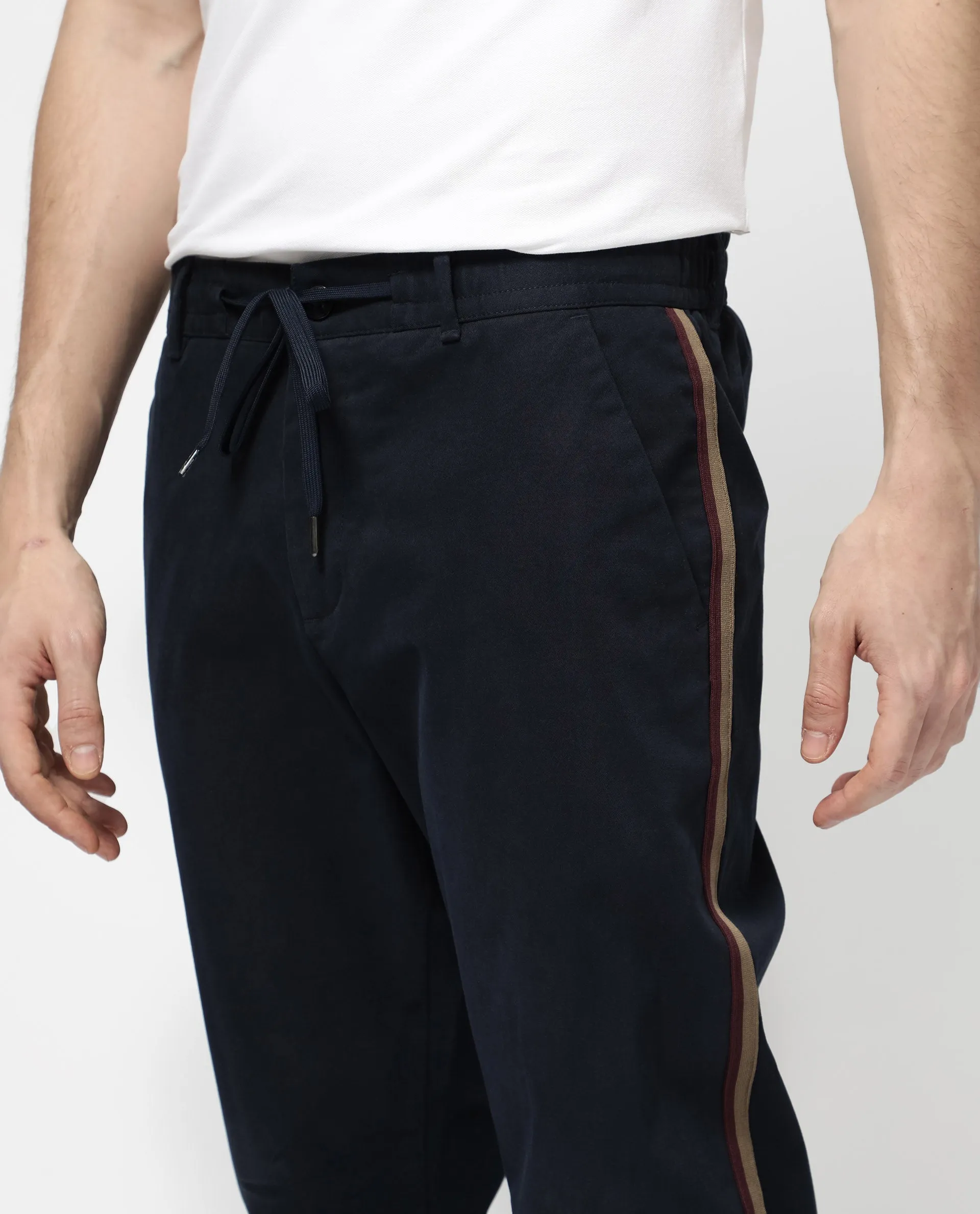 Rare Rabbit Mens Caloon Navy Cotton Blend Drawstring Closure Regular Fit Solid Trouser