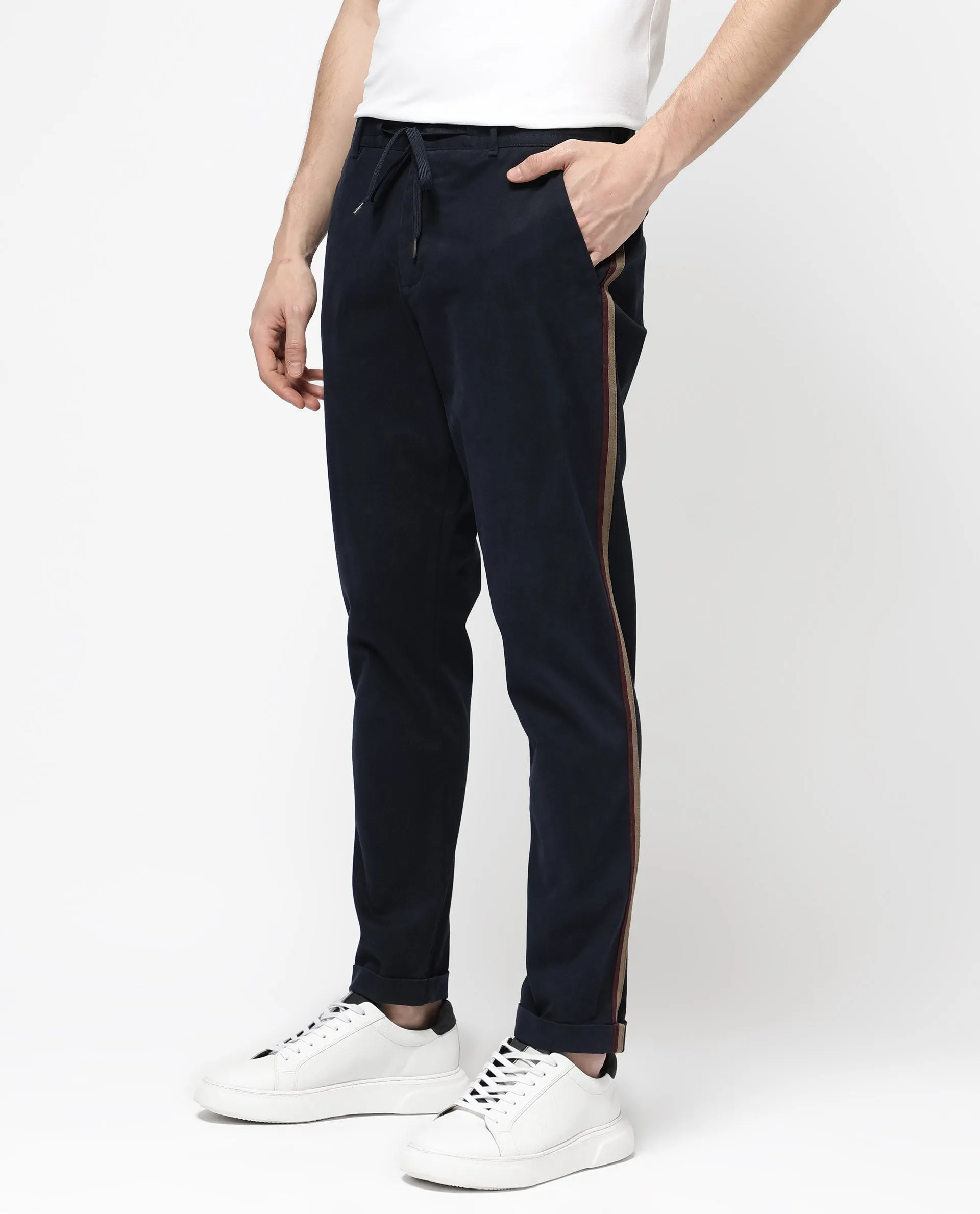 Rare Rabbit Mens Caloon Navy Cotton Blend Drawstring Closure Regular Fit Solid Trouser