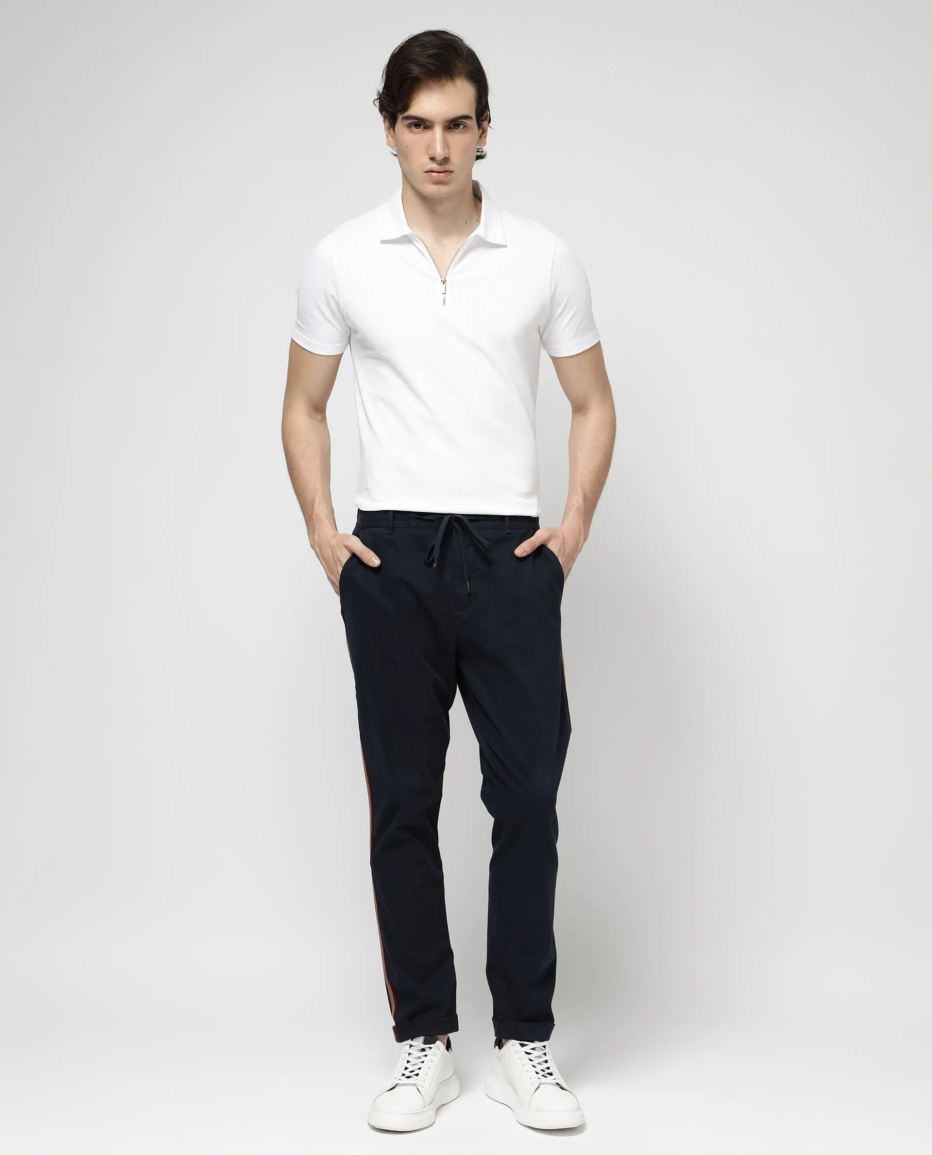 Rare Rabbit Mens Caloon Navy Cotton Blend Drawstring Closure Regular Fit Solid Trouser
