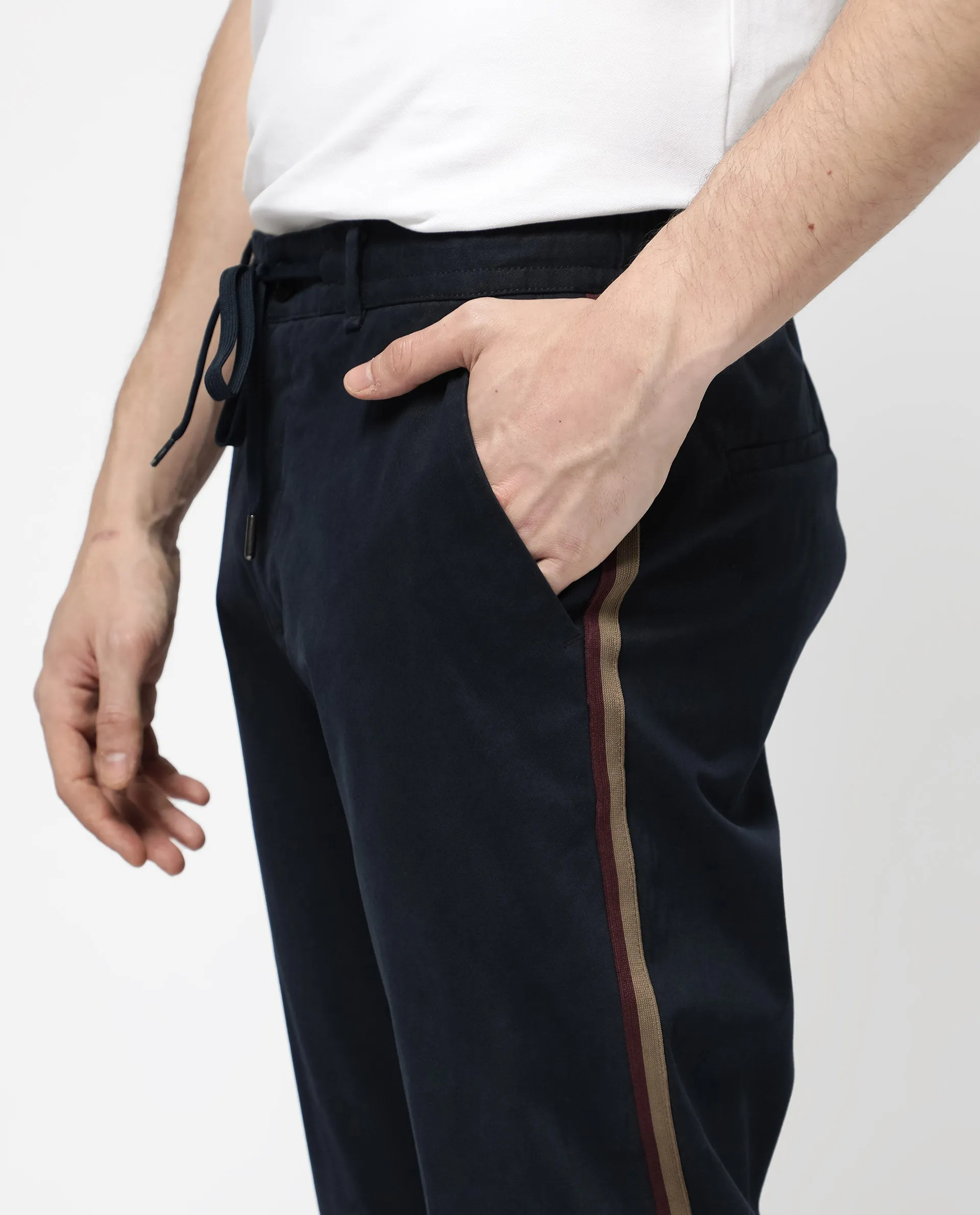 Rare Rabbit Mens Caloon Navy Cotton Blend Drawstring Closure Regular Fit Solid Trouser