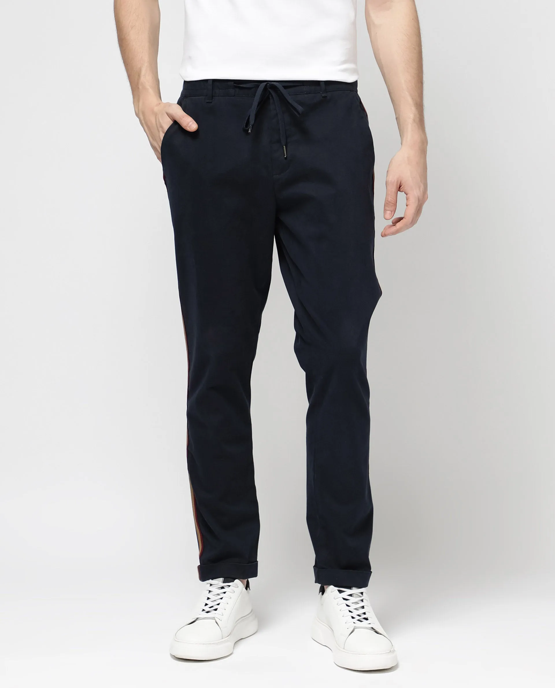 Rare Rabbit Mens Caloon Navy Cotton Blend Drawstring Closure Regular Fit Solid Trouser