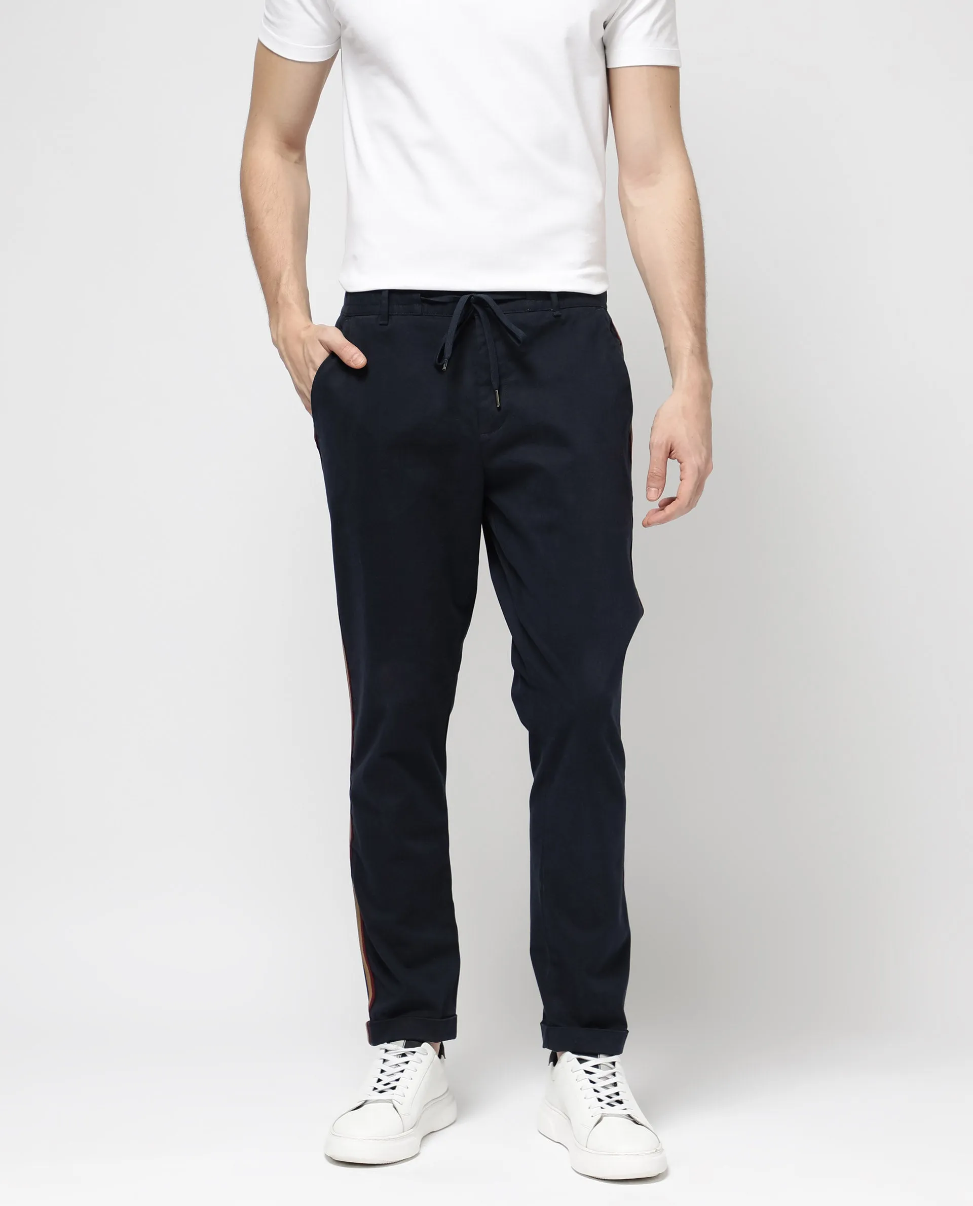 Rare Rabbit Mens Caloon Navy Cotton Blend Drawstring Closure Regular Fit Solid Trouser