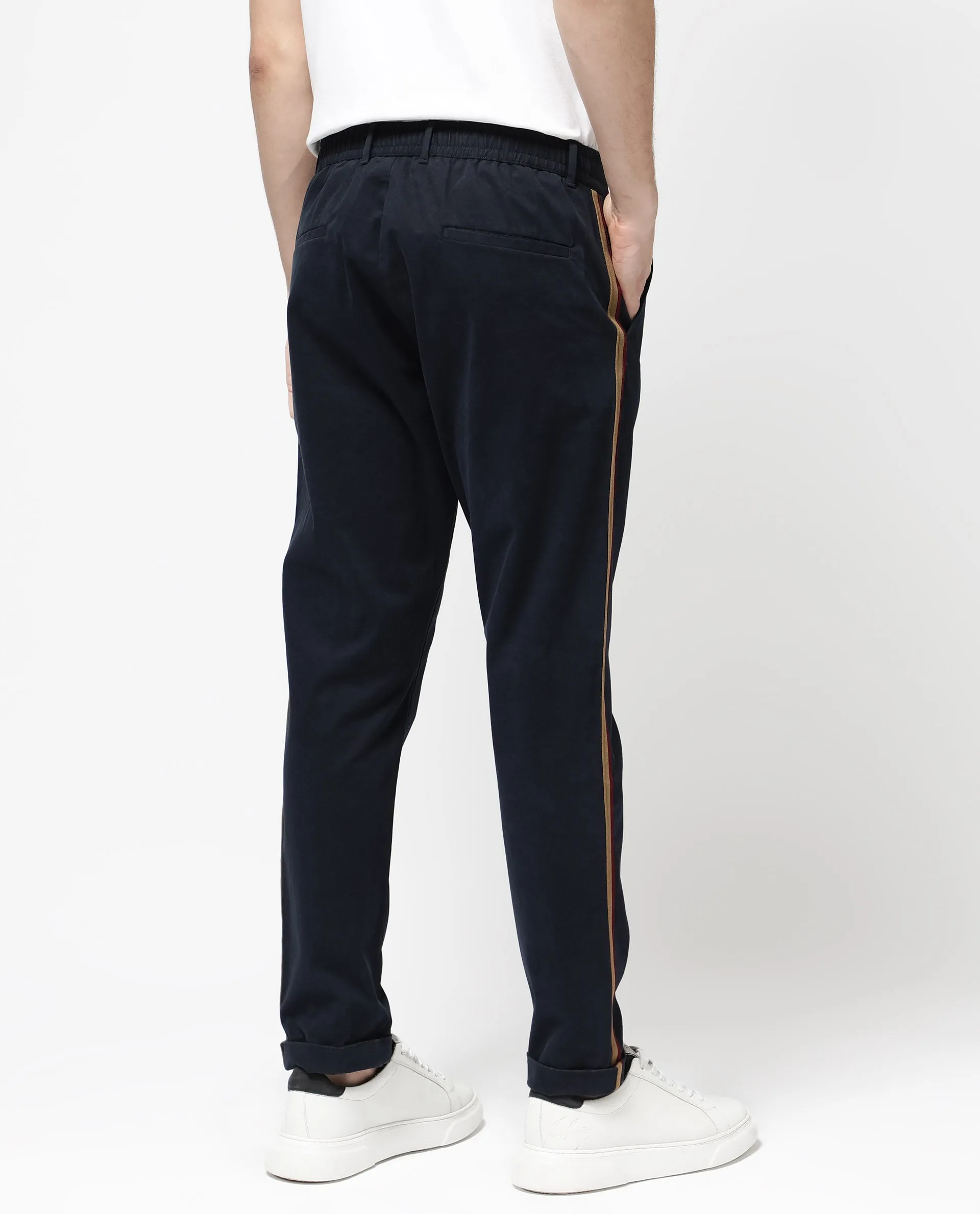 Rare Rabbit Mens Caloon Navy Cotton Blend Drawstring Closure Regular Fit Solid Trouser
