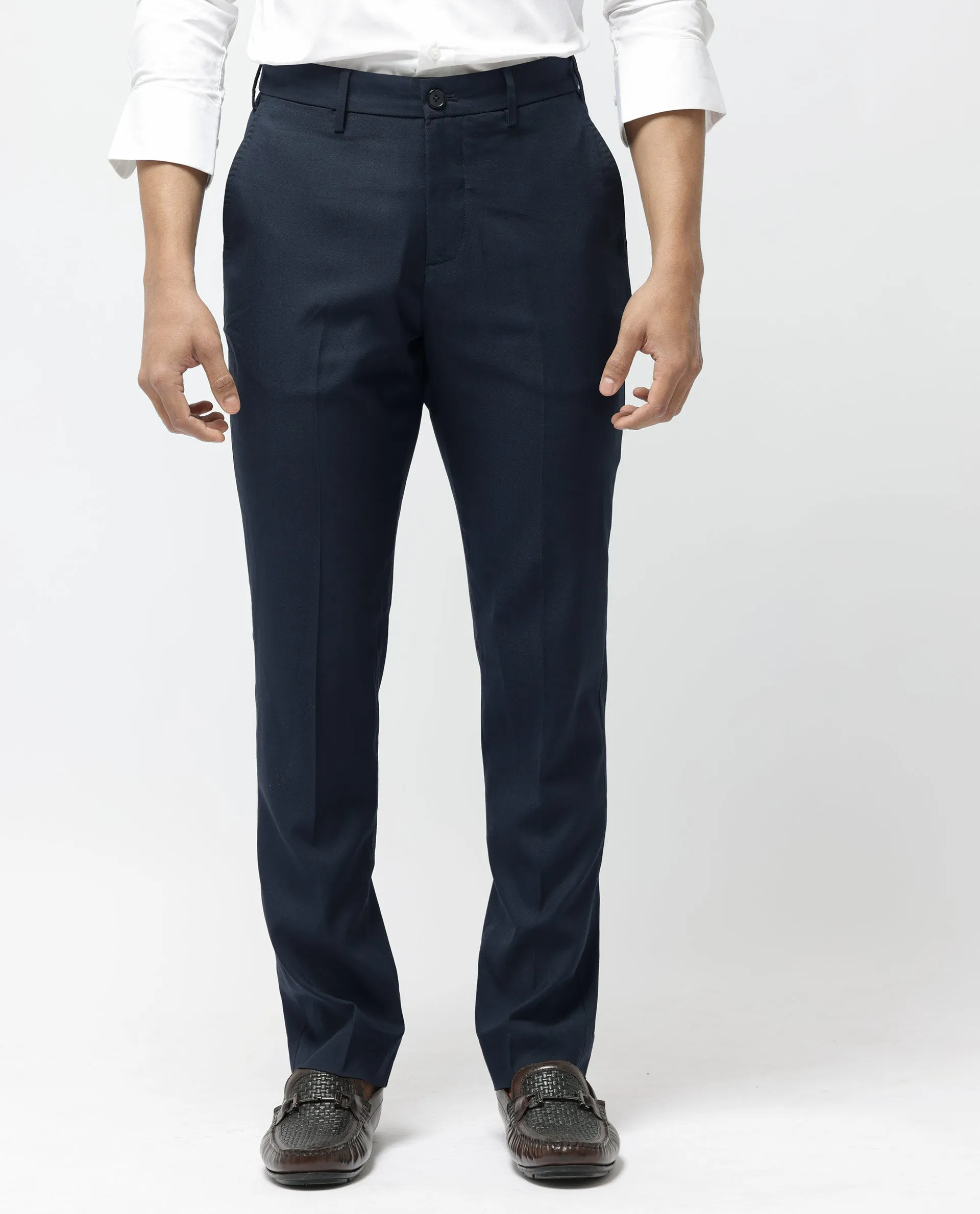 Rare Rabbit Men's Glade-1 Navy Solid Mid-Rise Regular Fit Trousers