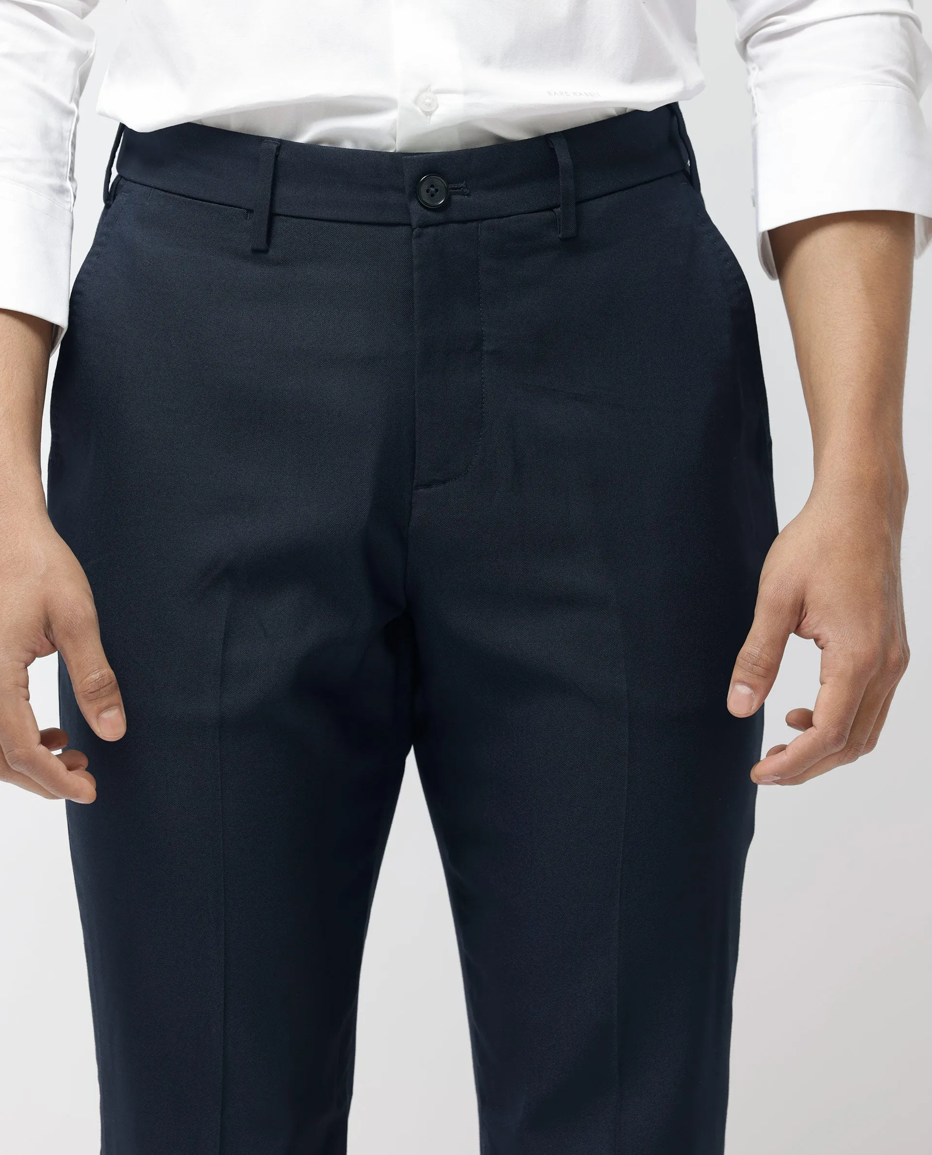 Rare Rabbit Men's Glade-1 Navy Solid Mid-Rise Regular Fit Trousers